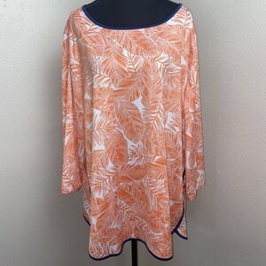 Ruby Rd. Blouse Women's 2X Orange White Tropical Beach Cruise 3/4 Sleeve Stretch